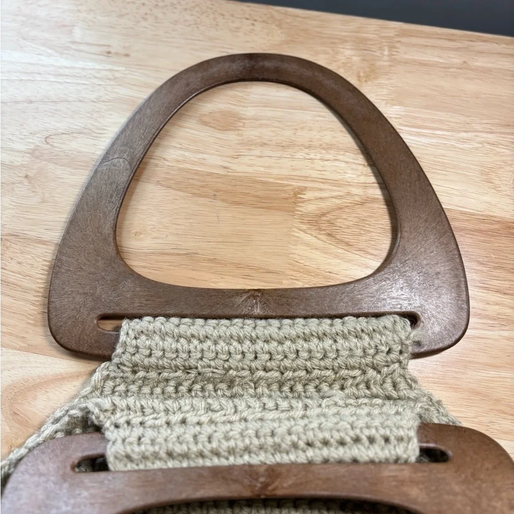 Neutral Beige Crochet Bag with Wood Handles & Balls Boho Cottagecore